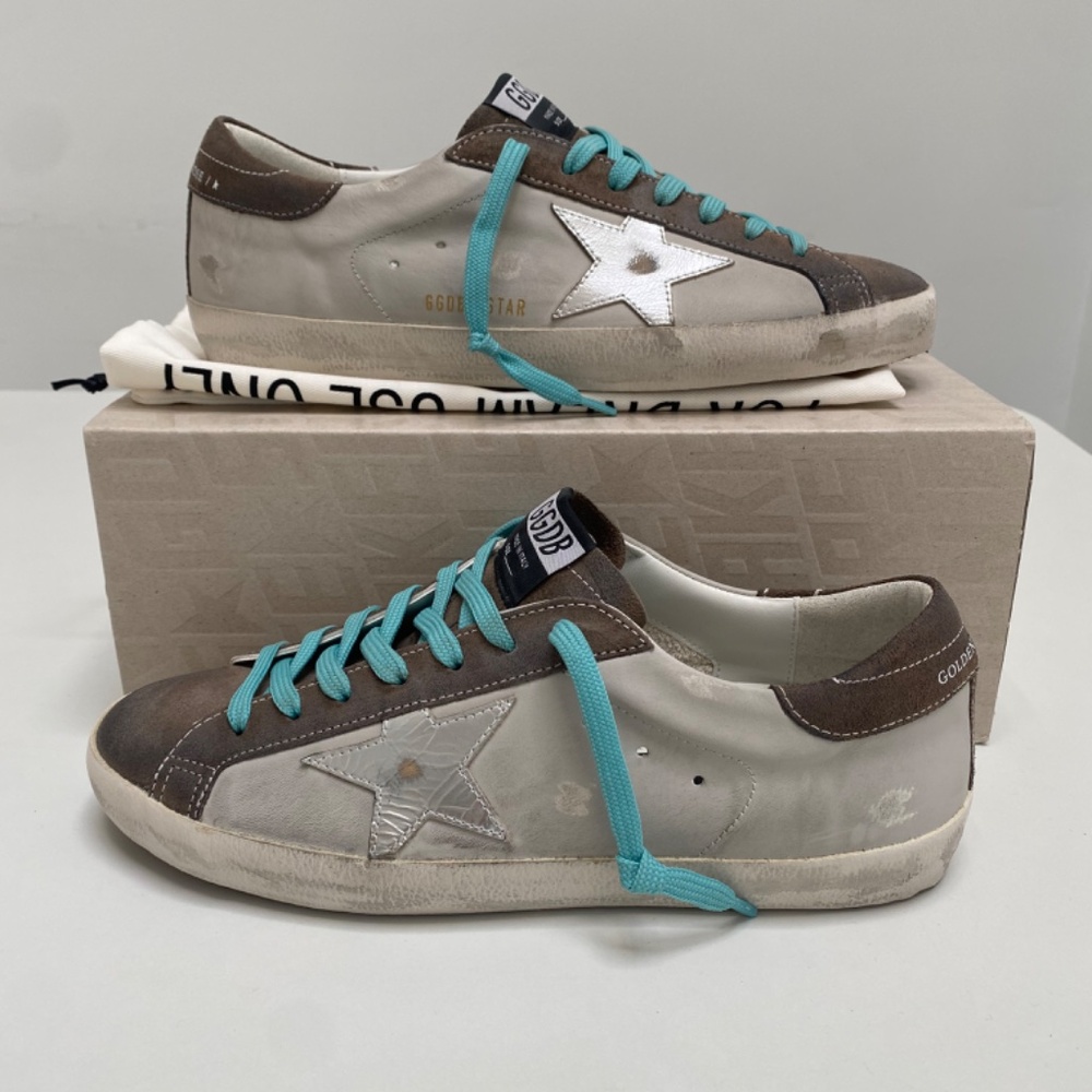 Golden Goose Men’s Superstar Gray Leather/Green/Silver sz 42 New in Box - Picture 4 of 12